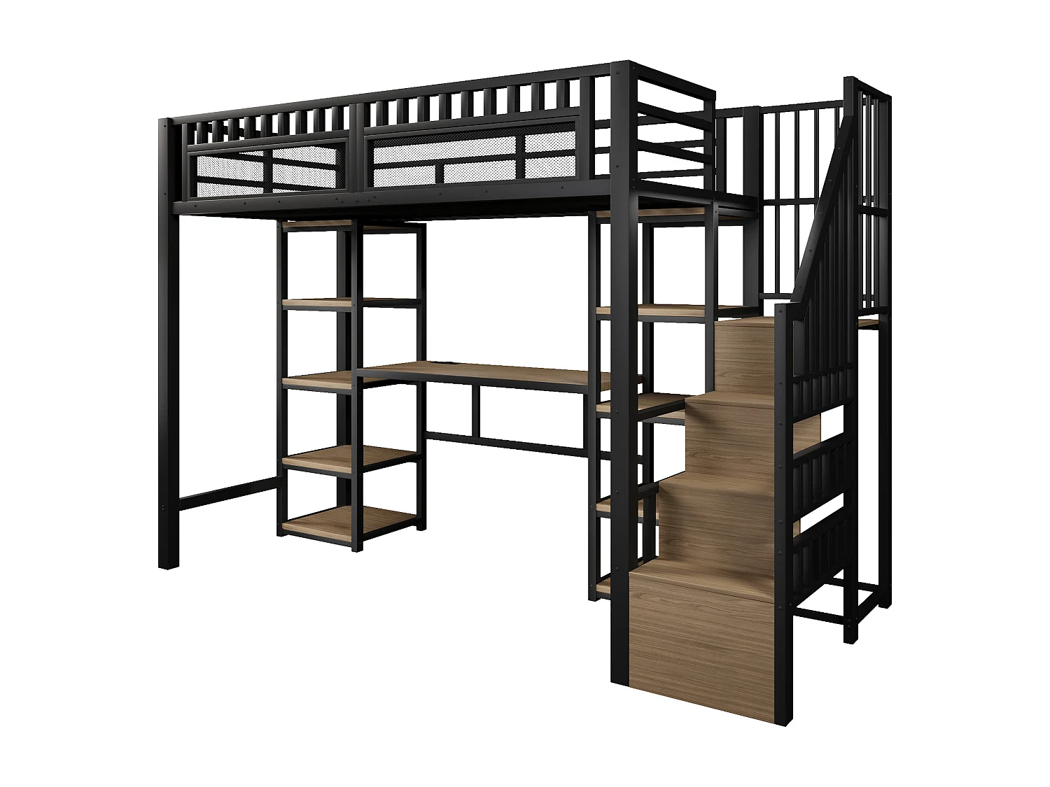 Letto a soppalco in metallo 90 x 200 cm con scrivania, illuminazione a LED e porte USB - Nero