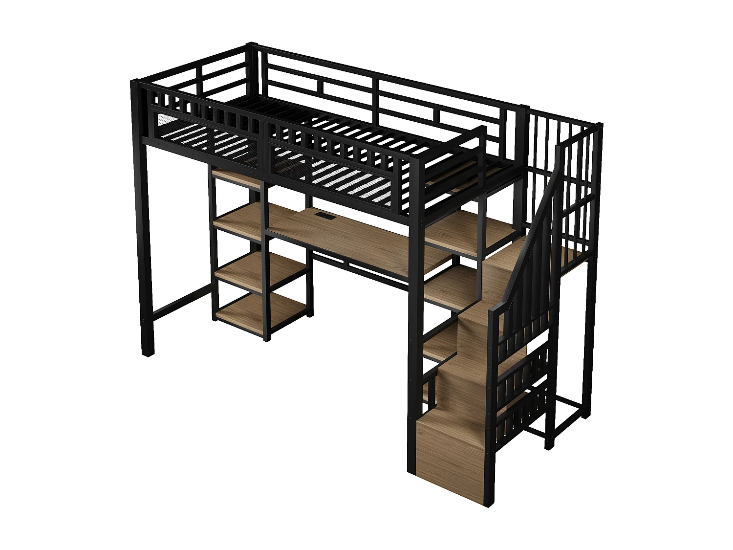 Letto a soppalco in metallo 90 x 200 cm con scrivania, illuminazione a LED e porte USB - Nero