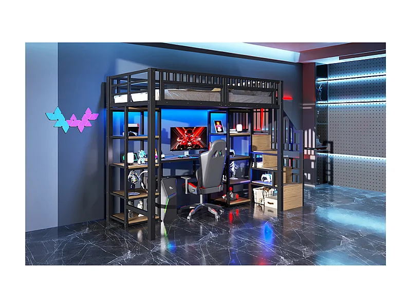 90 x 200 cm metalen hoogslaper met bureau, ledverlichting en USB-poorten - zwart