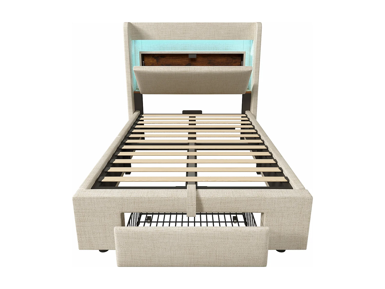 Cama infantil con canapé de 90x200 cm con LED, puertos USB y cajón - Tejido de lino beige