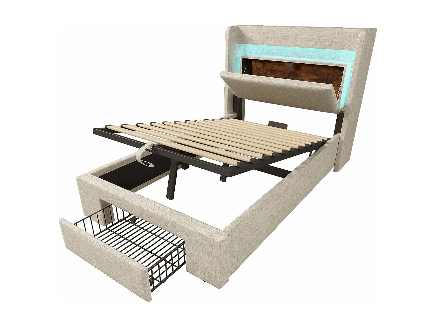 Cama infantil con canapé de 90x200 cm con LED, puertos USB y cajón - Tejido de lino beige