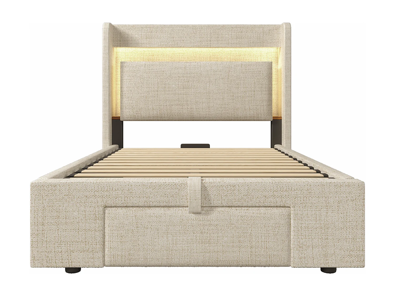 Cama infantil con canapé de 90x200 cm con LED, puertos USB y cajón - Tejido de lino beige