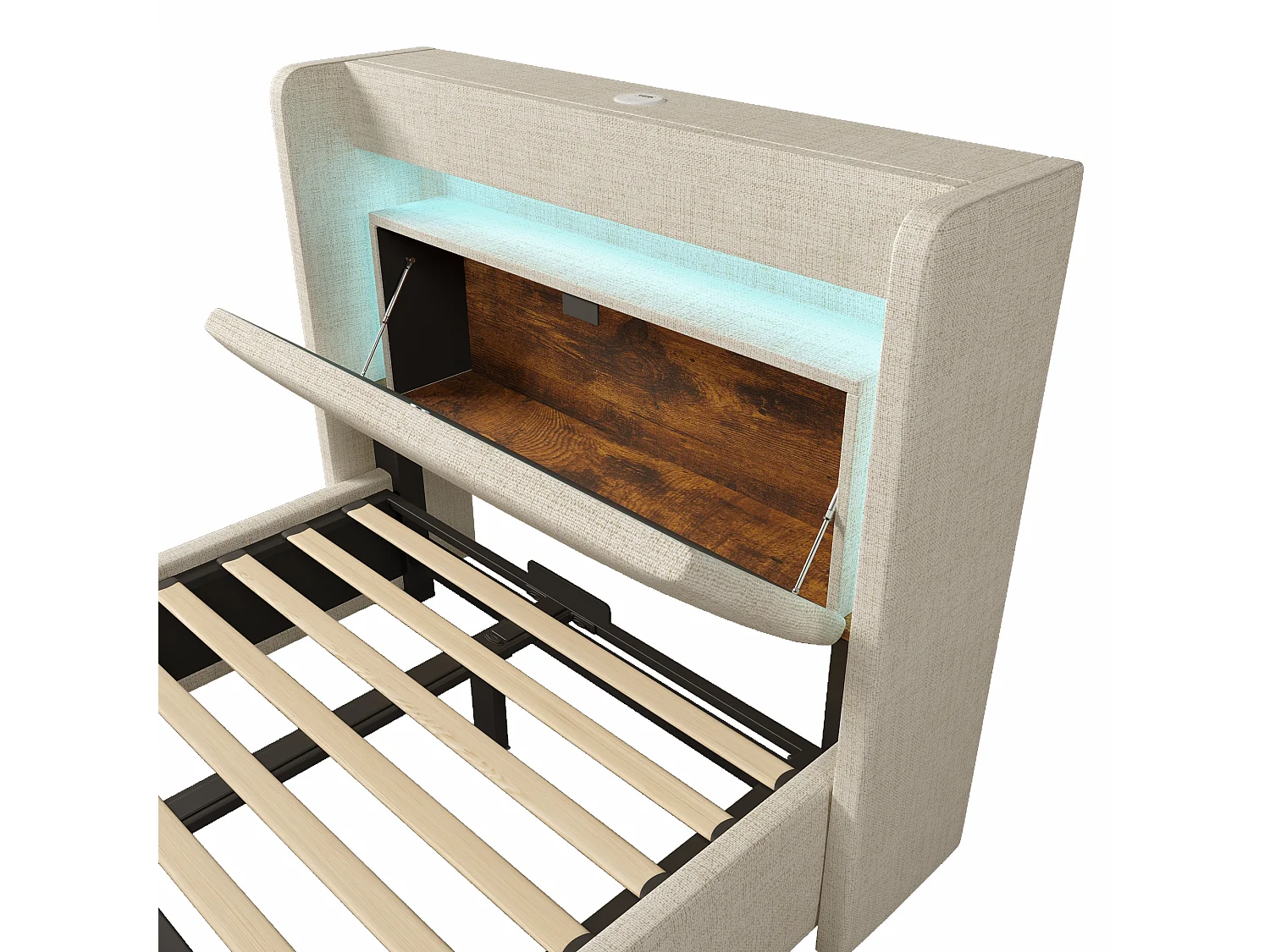 Cama infantil con canapé de 90x200 cm con LED, puertos USB y cajón - Tejido de lino beige