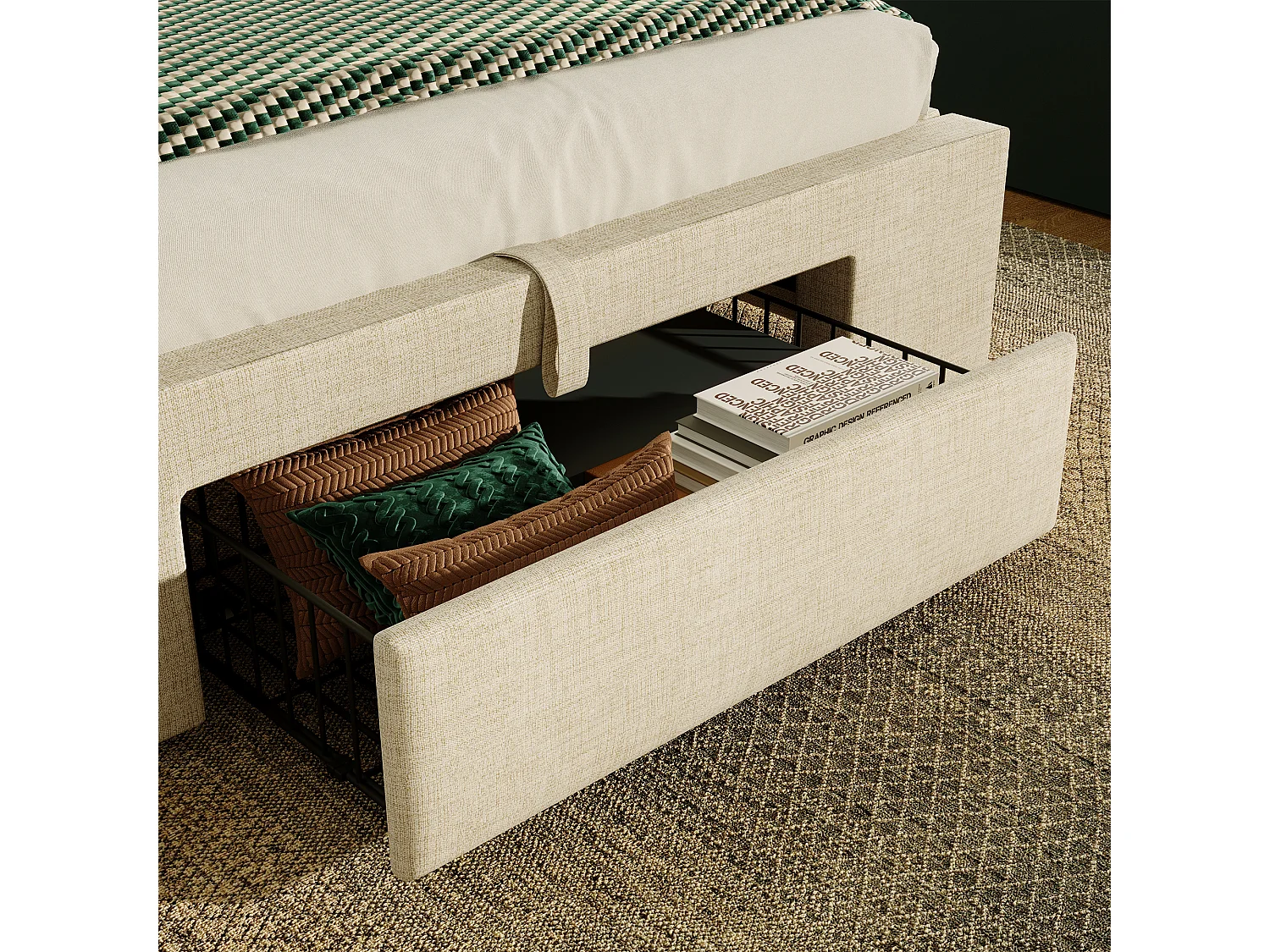 Cama infantil con canapé de 90x200 cm con LED, puertos USB y cajón - Tejido de lino beige