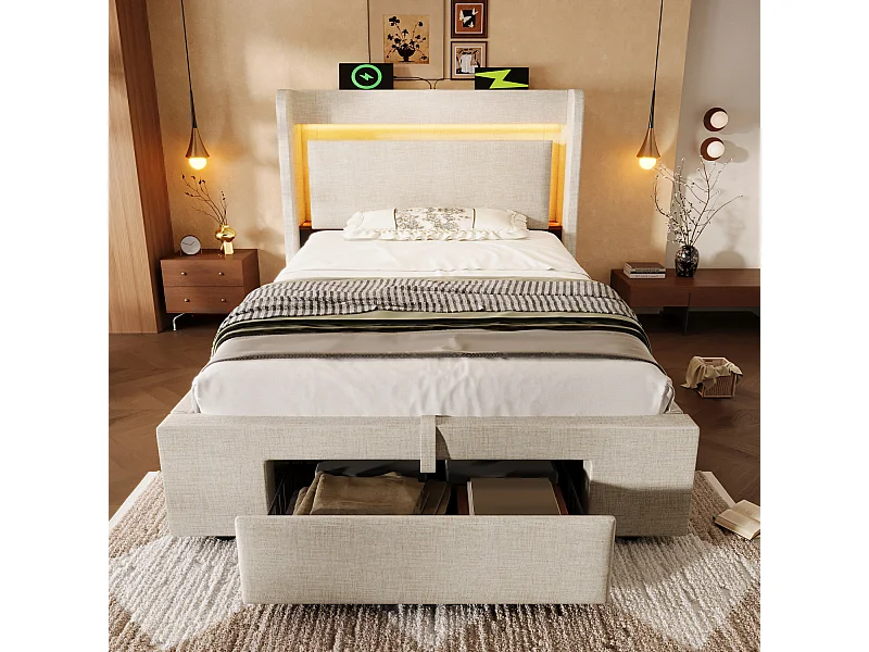 Kinderbed met opbergruimte 90x200 cm met LED-verlichting, USB-poorten en lade - Beige linnen stof