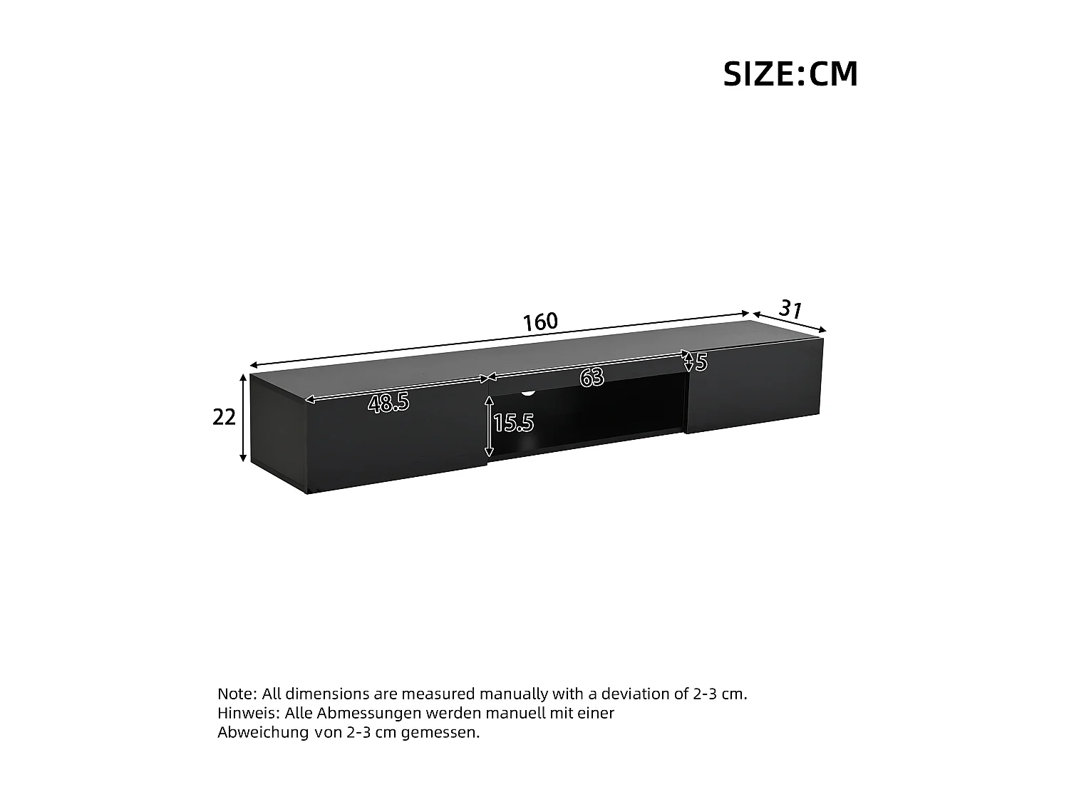Mueble de TV de pared lacado alto brillo, 160 x 31 x 22 cm, con iluminación LED y 2 puertas - Negro