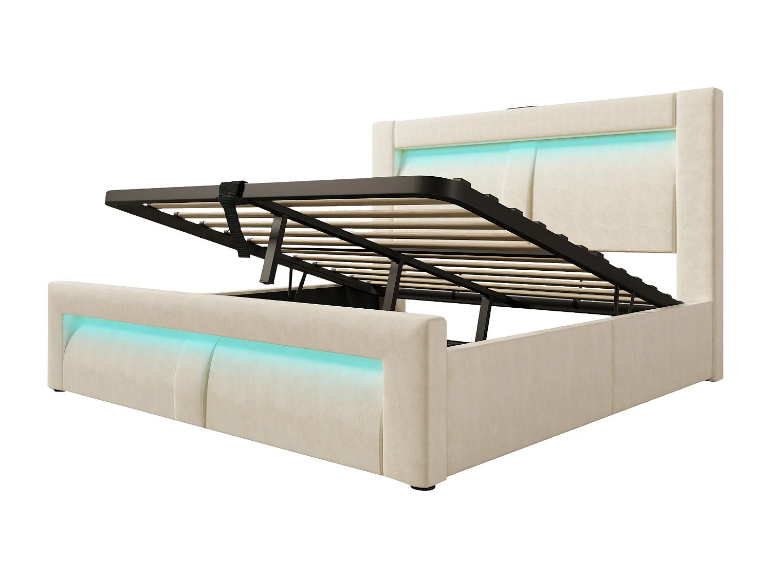 Letto contenitore matrimoniale 160x200 cm con LED e USB - Letto per adulti in velluto beige