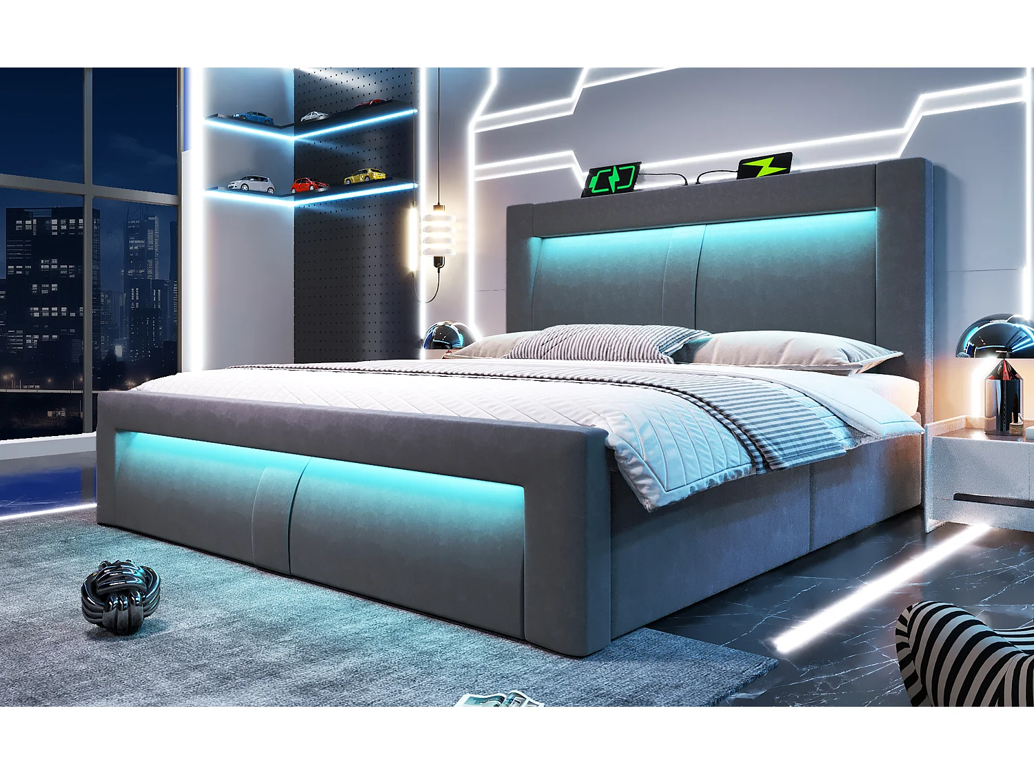 Letto contenitore matrimoniale 160x200 cm con LED e USB - Letto per adulti in velluto grigio