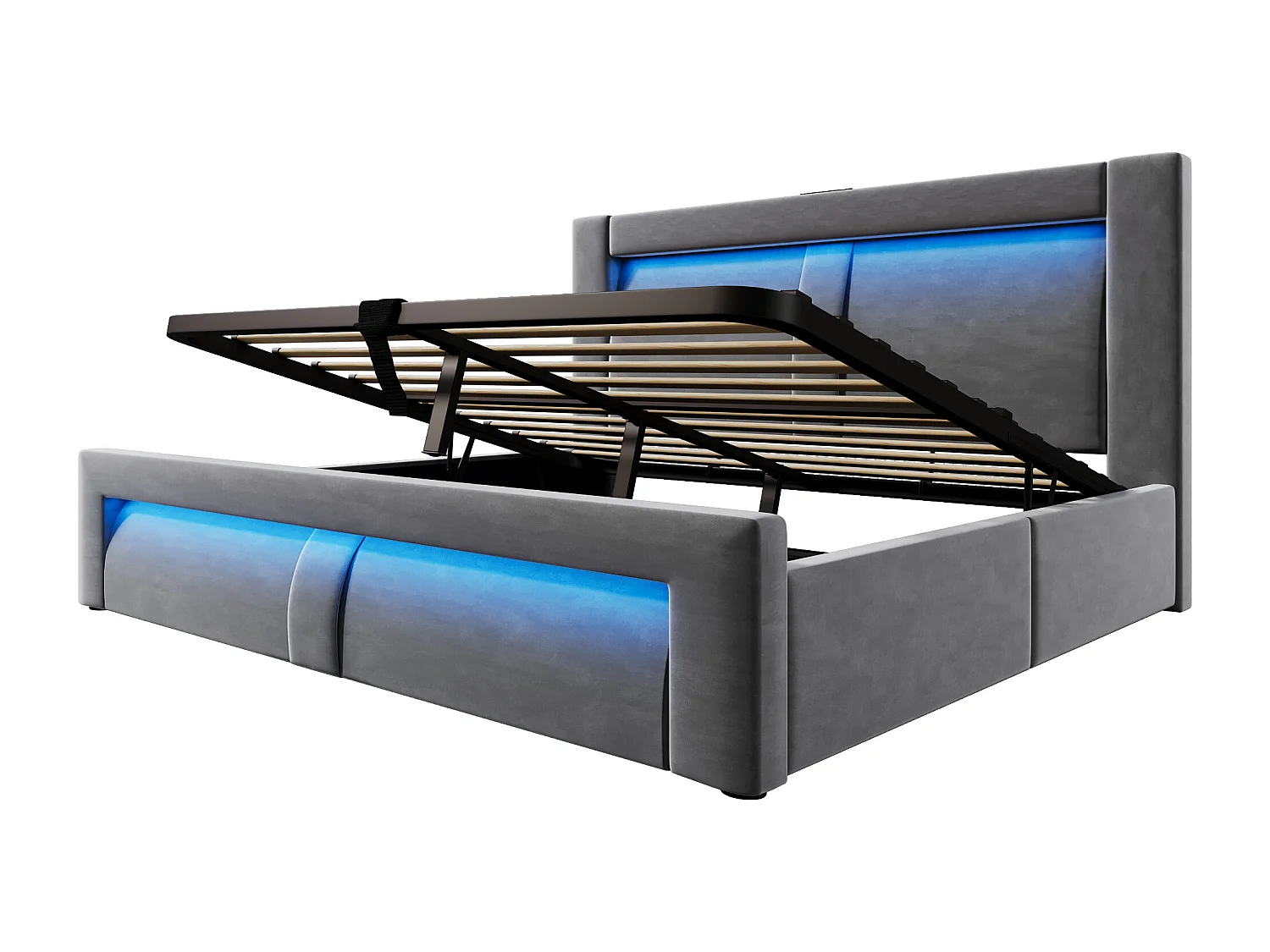 Letto contenitore matrimoniale 160x200 cm con LED e USB - Letto per adulti in velluto grigio