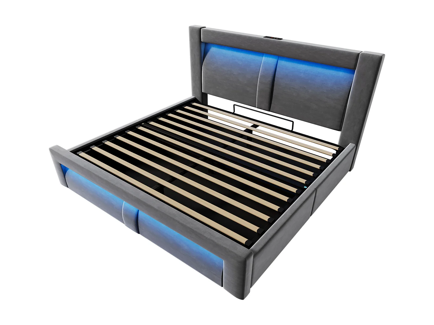 Letto contenitore matrimoniale 160x200 cm con LED e USB - Letto per adulti in velluto grigio