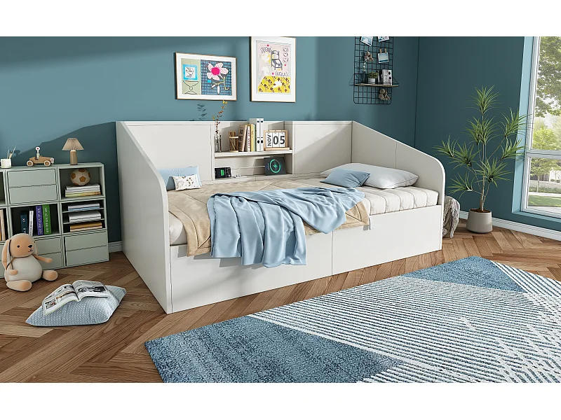 Kinderbed met opbergruimte 90x190 cm met USB/Type-C-poorten - Wit hout