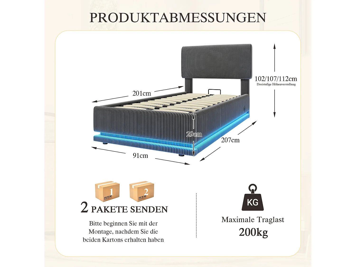 Letto contenitore per bambini 90x200 cm con LED e porte USB - Velluto a coste grigio scuro