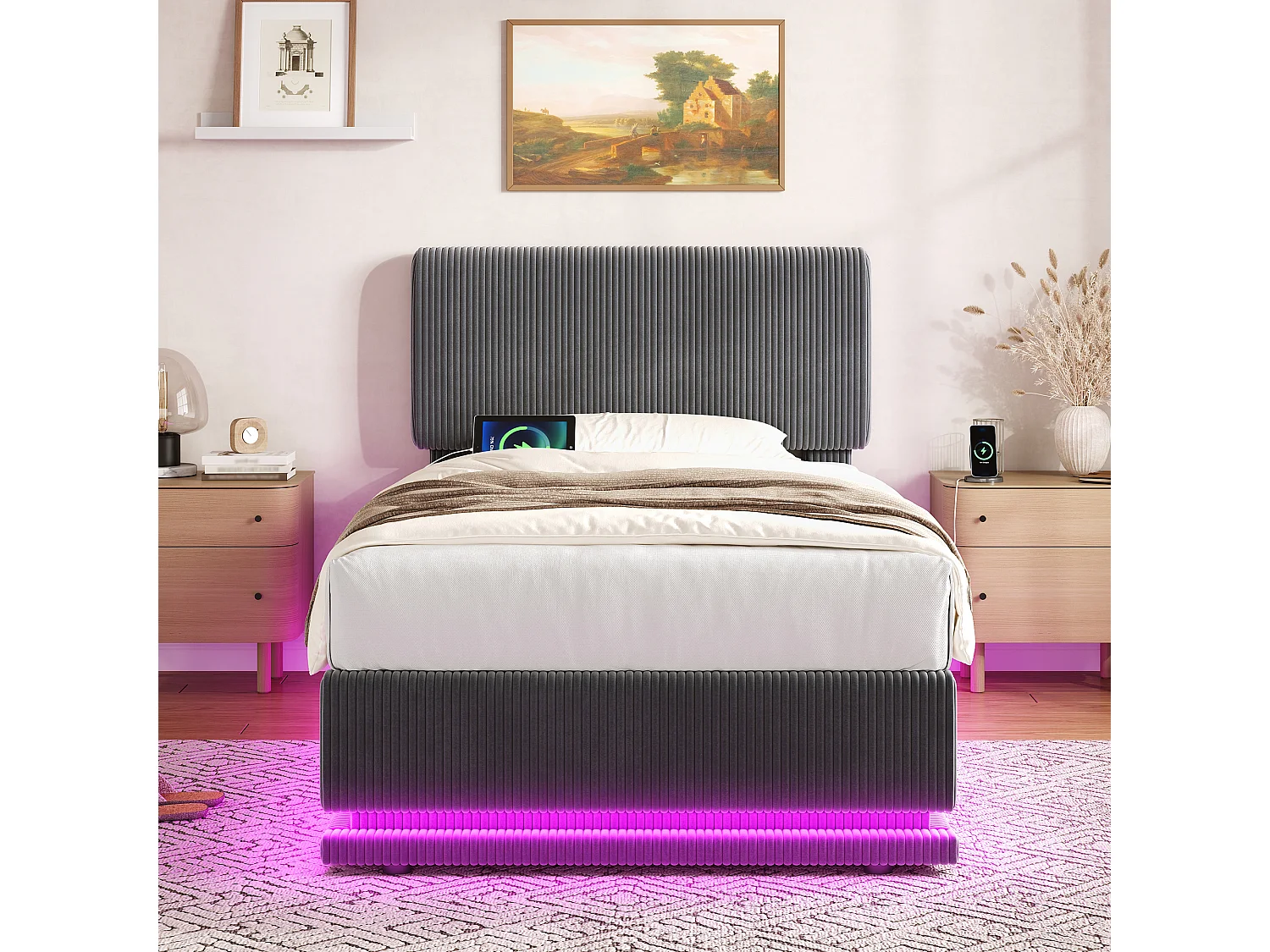 Lit coffre enfant 90x200 cm avec LED et ports USB - Velours côtelé gris foncé