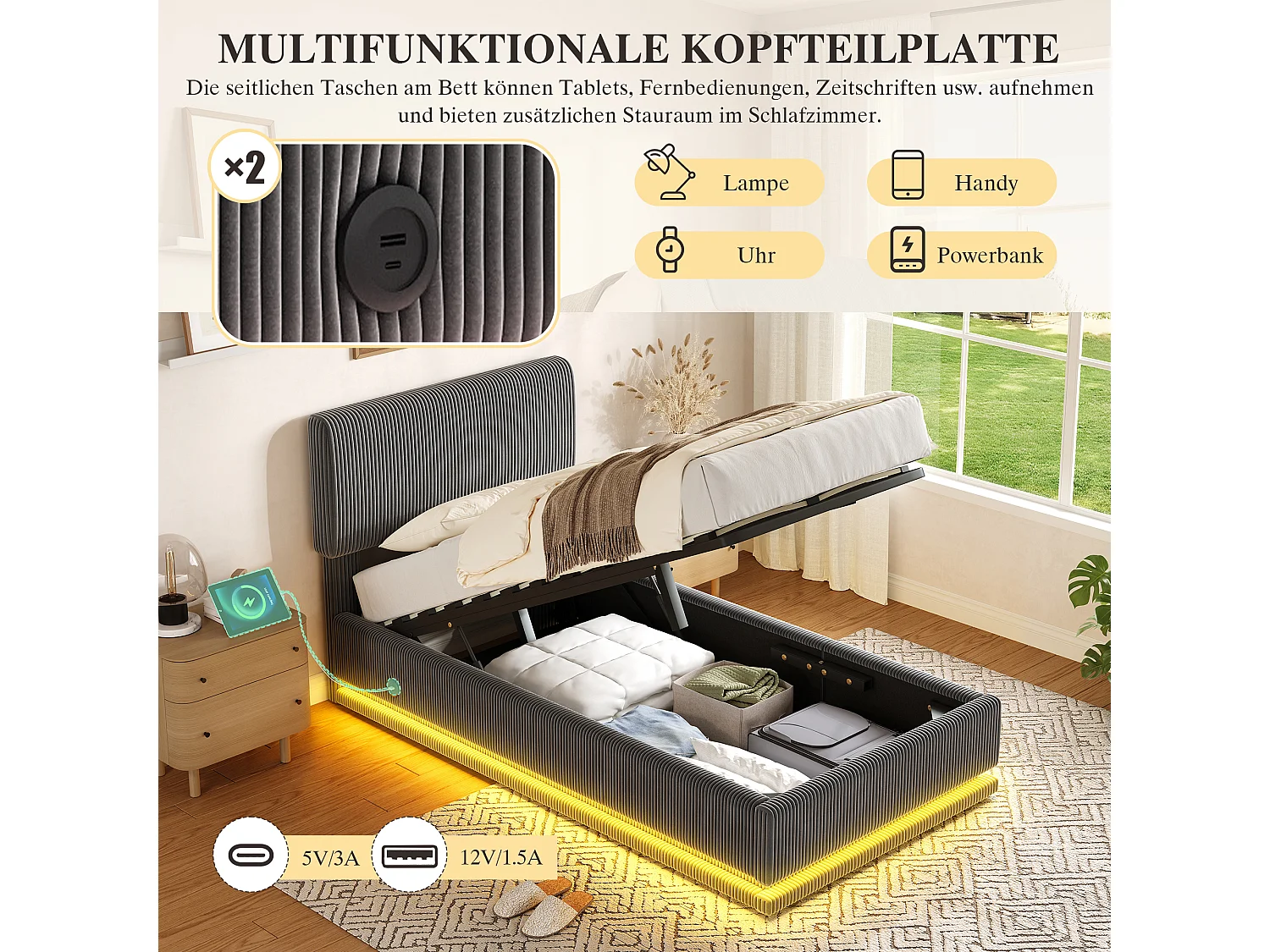 Lit coffre enfant 90x200 cm avec LED et ports USB - Velours côtelé gris foncé