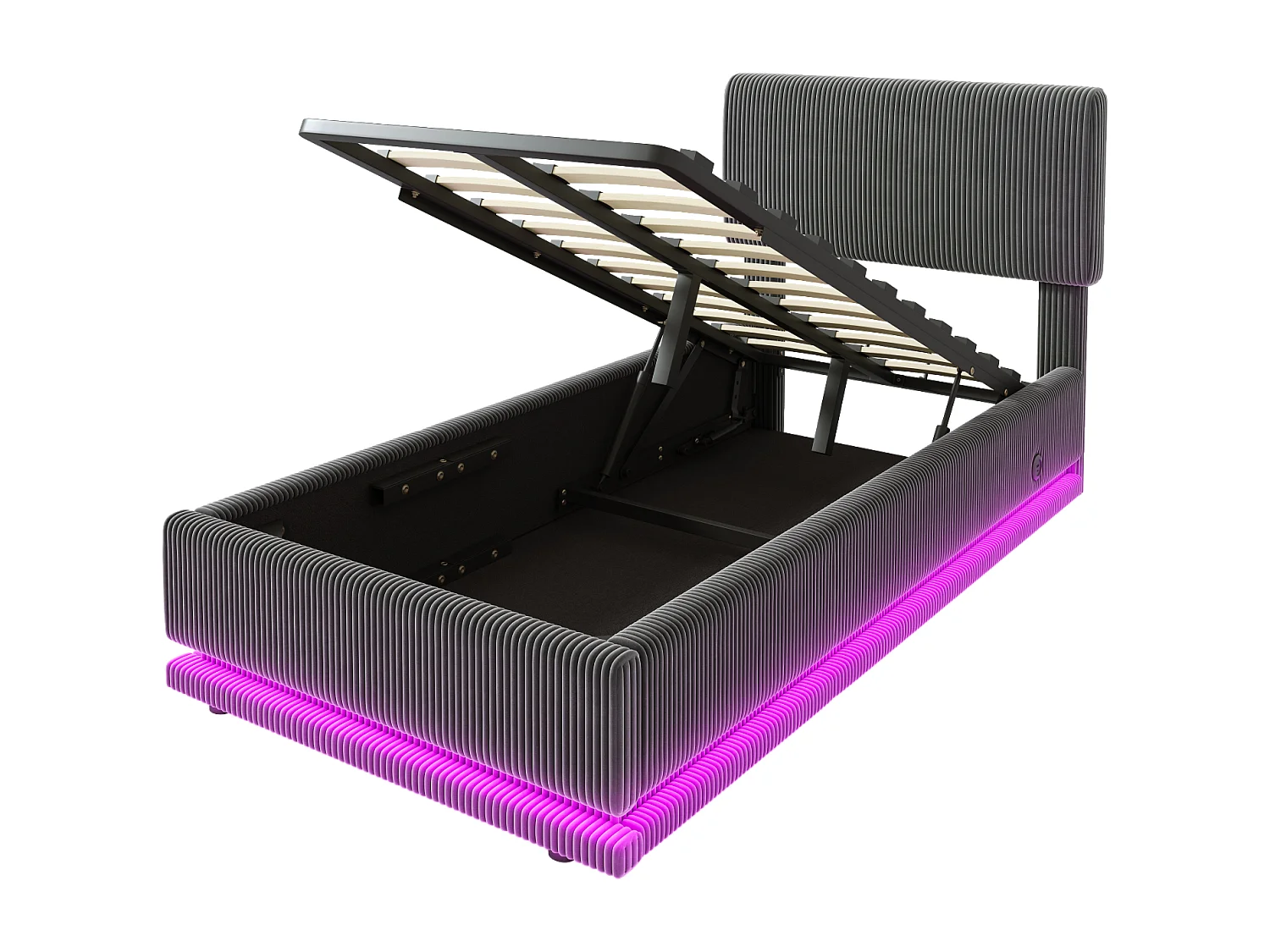Lit coffre enfant 90x200 cm avec LED et ports USB - Velours côtelé gris foncé
