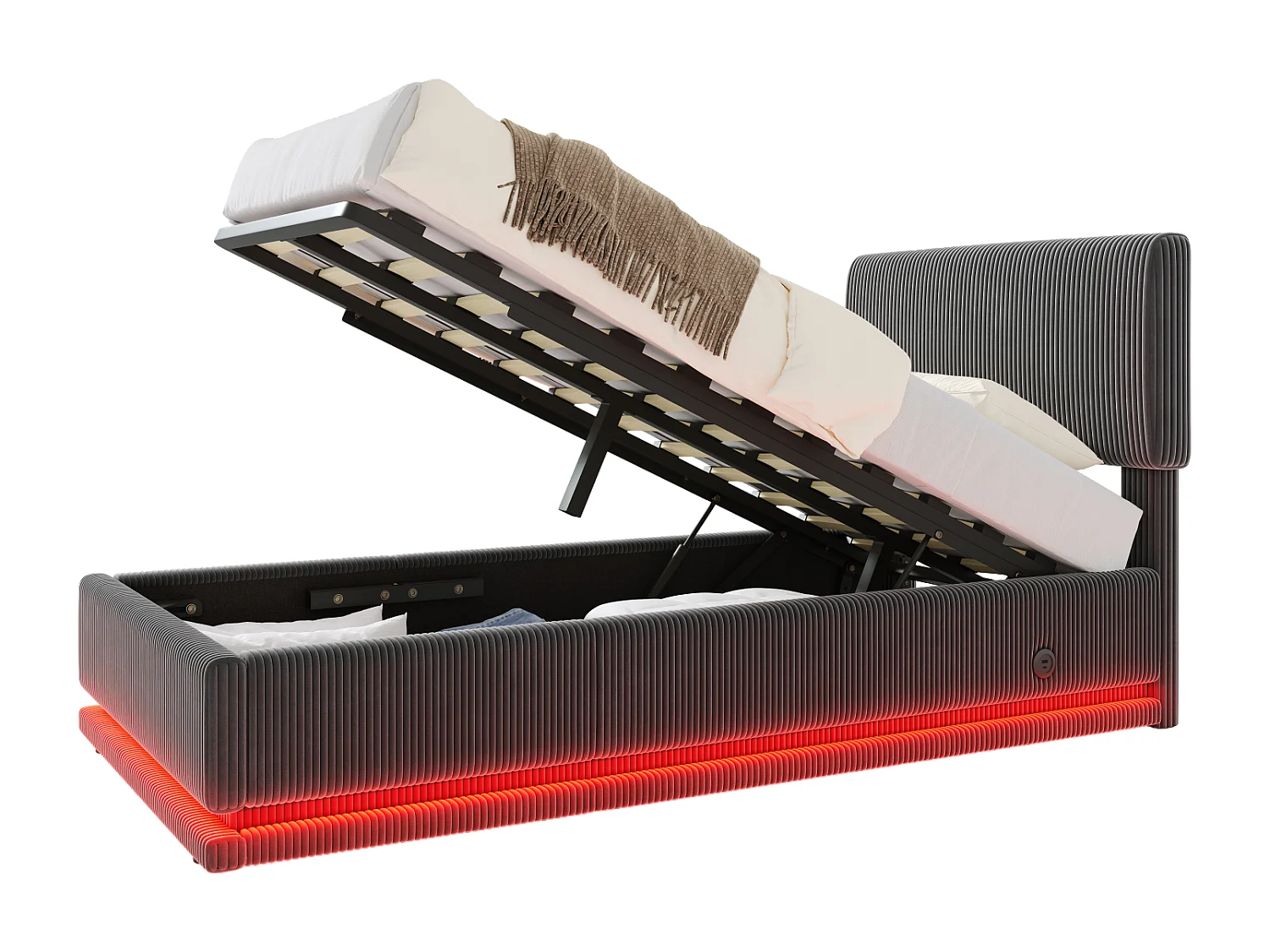 Lit coffre enfant 90x200 cm avec LED et ports USB - Velours côtelé gris foncé