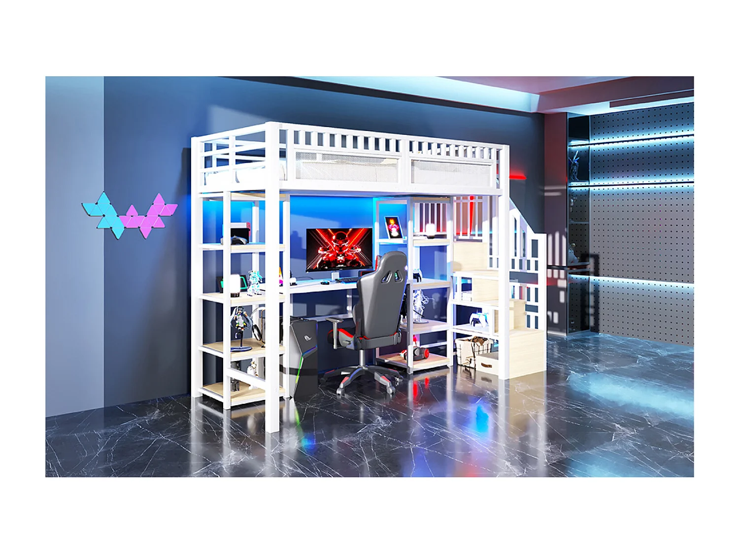 Letto a soppalco in metallo 90 x 200 cm con scrivania, illuminazione a LED e porte USB - Bianco