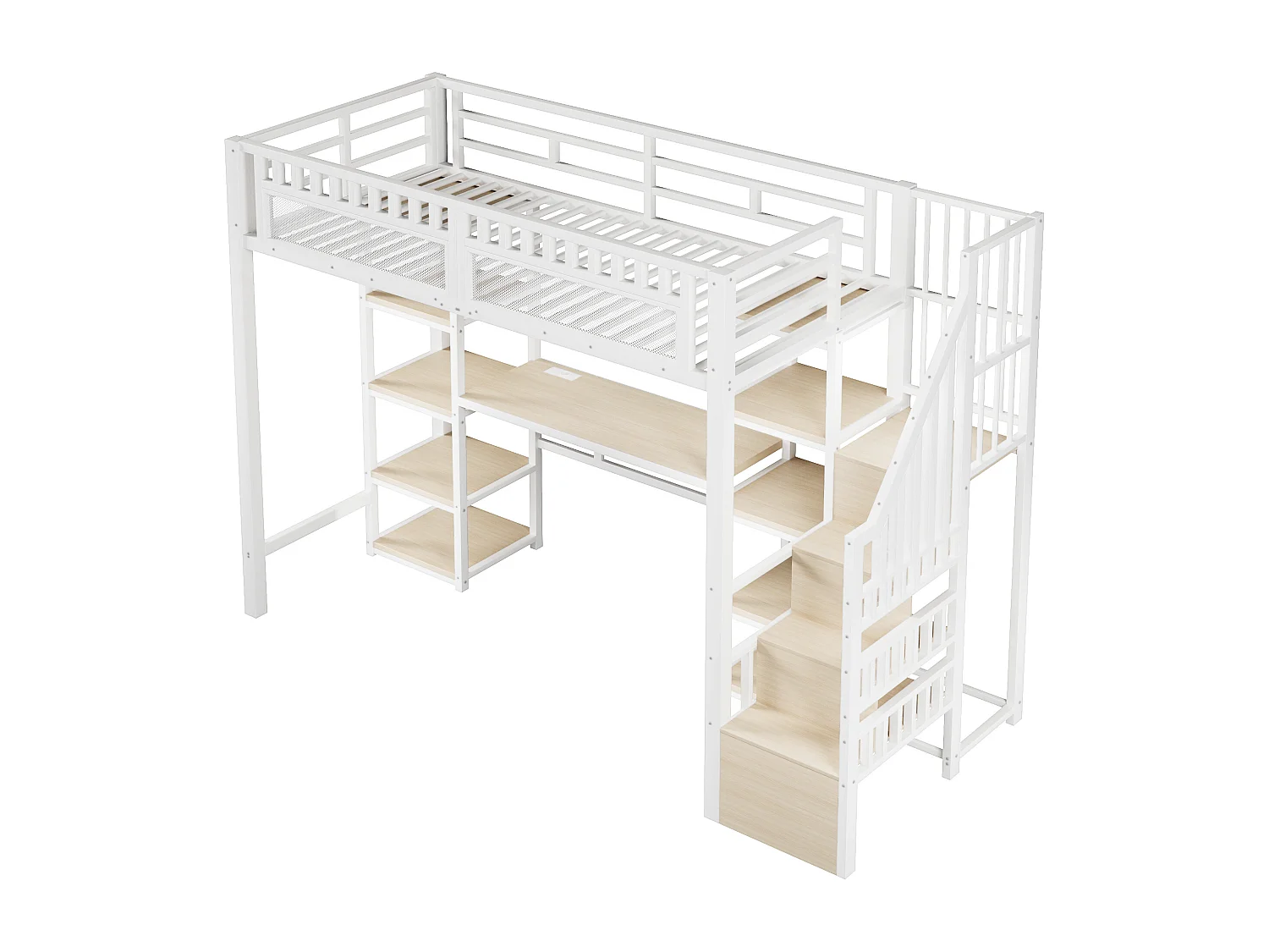 Letto a soppalco in metallo 90 x 200 cm con scrivania, illuminazione a LED e porte USB - Bianco