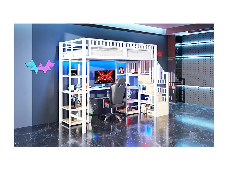 Letto a soppalco in metallo 90 x 200 cm con scrivania, illuminazione a LED e porte USB - Bianco