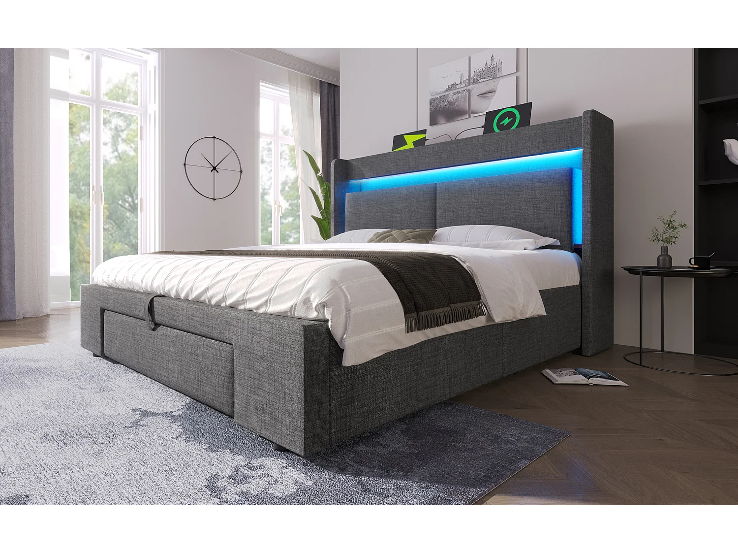 Letto matrimoniale 160x200 cm con contenitore in lino grigio - Letto per adulti con illuminazione a LED, porte USB e testiera contenitore