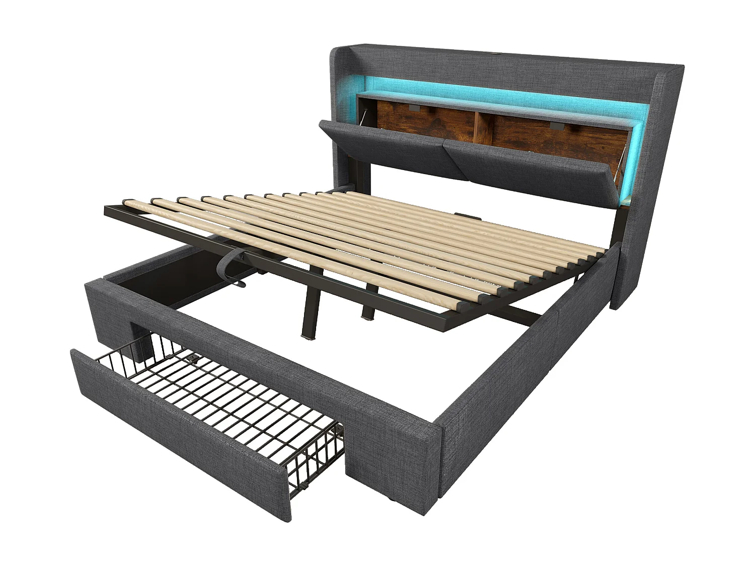 Letto matrimoniale 160x200 cm con contenitore in lino grigio - Letto per adulti con illuminazione a LED, porte USB e testiera contenitore