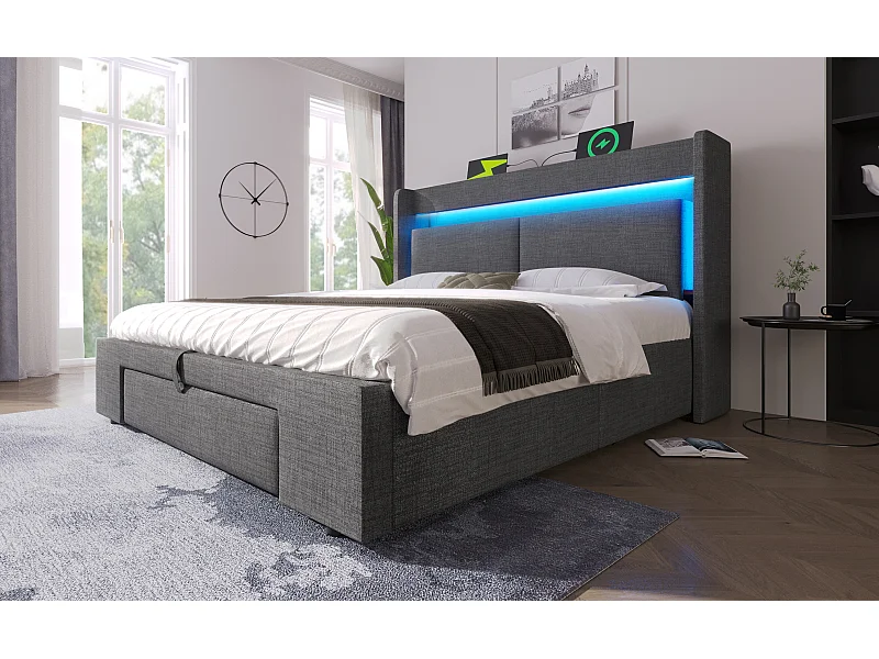 Cama doble de 160 x 200 cm con almacenaje en lino gris - Cama para adultos con iluminación LED, puertos USB y cabecero con almacenaje