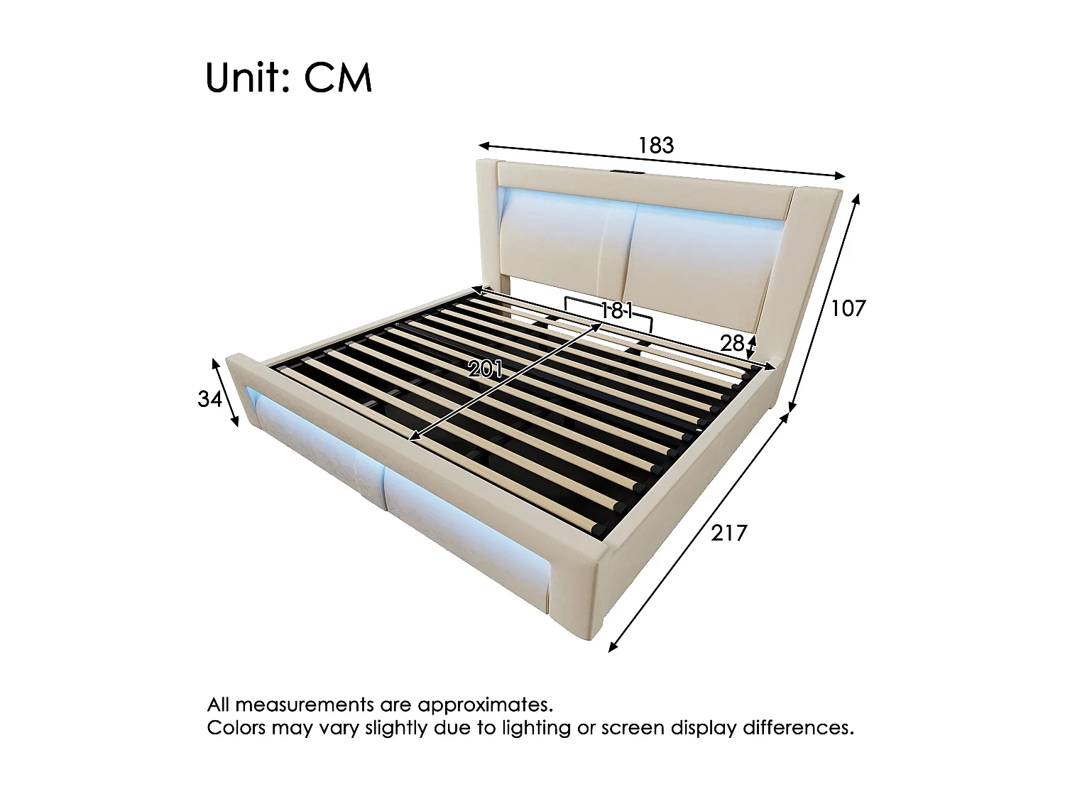 Letto contenitore 180x200 cm con LED e USB - Letto matrimoniale per adulti in velluto beige (materasso non incluso)