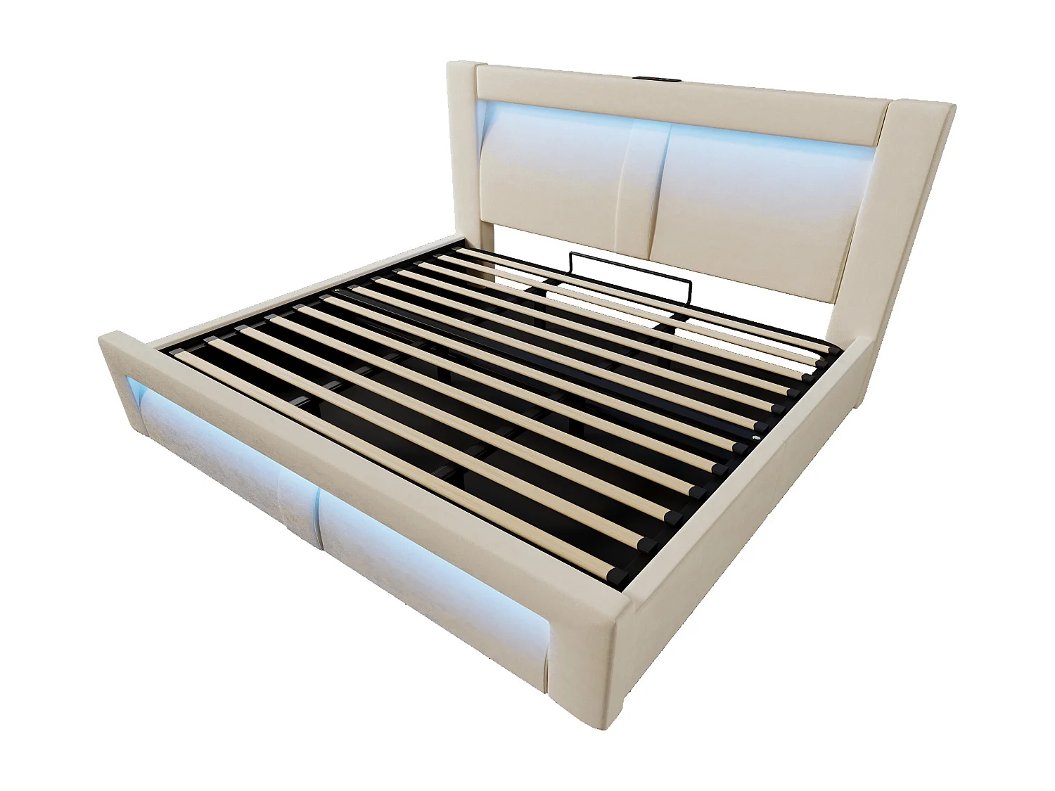 Letto contenitore 180x200 cm con LED e USB - Letto matrimoniale per adulti in velluto beige (materasso non incluso)
