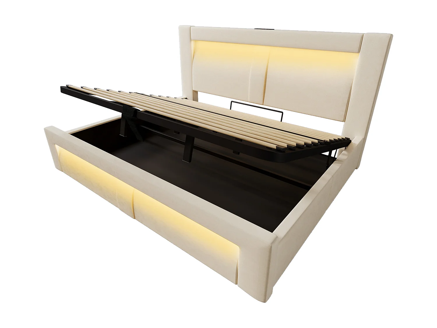 Letto contenitore 180x200 cm con LED e USB - Letto matrimoniale per adulti in velluto beige (materasso non incluso)