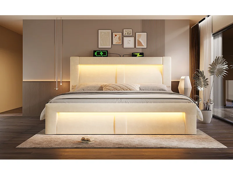Letto contenitore 180x200 cm con LED e USB - Letto matrimoniale per adulti in velluto beige (materasso non incluso)