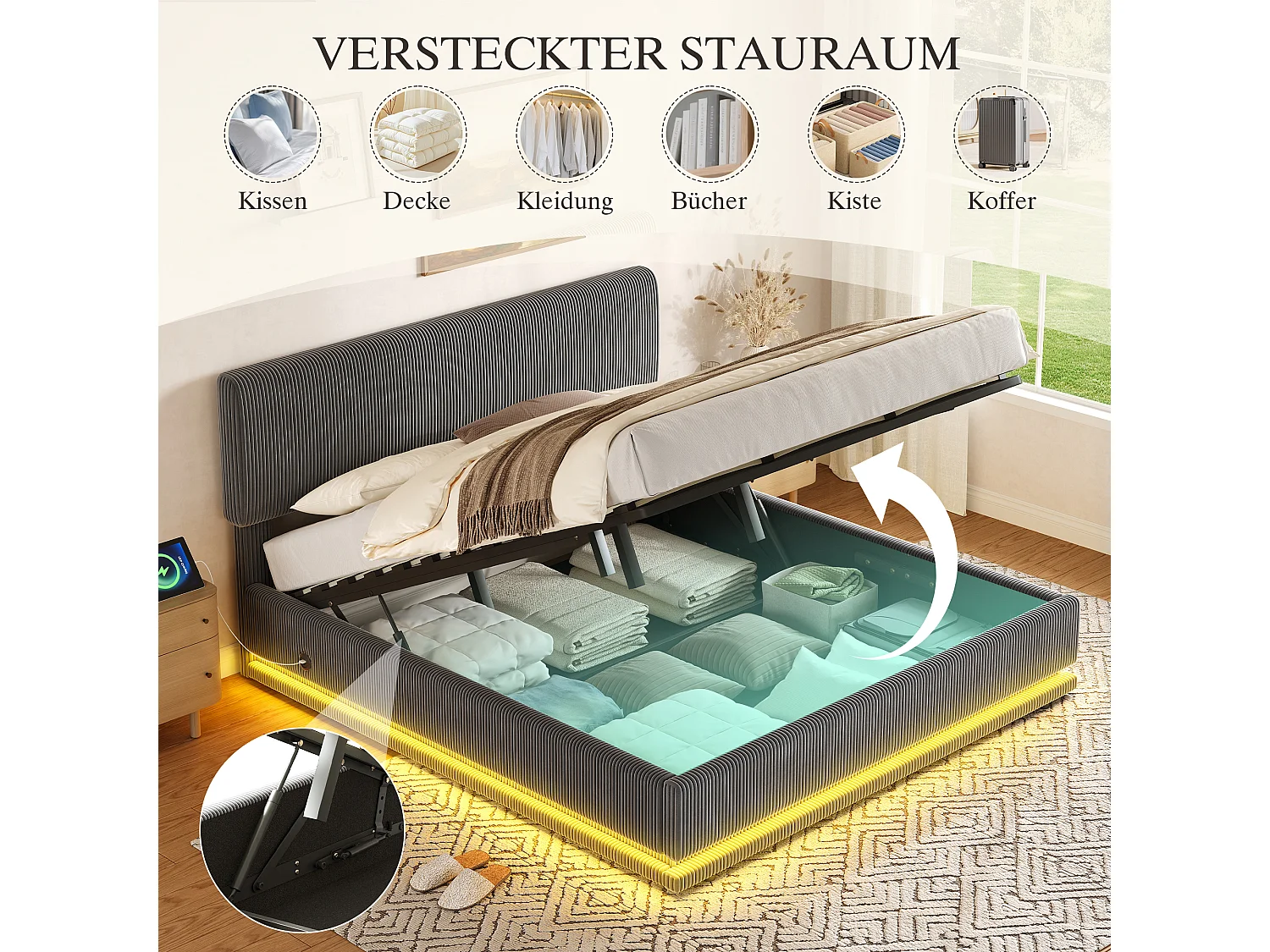 Letto contenitore 180x200 cm in velluto a coste grigio scuro - Letto matrimoniale per adulti con testiera regolabile, illuminazione a LED e porte USB