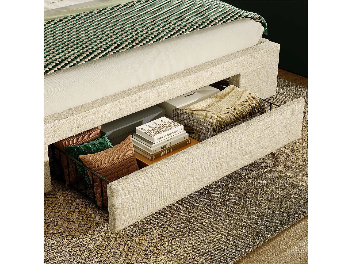 Letto contenitore per adulti 140x200 cm con LED, porte USB e cassetto - Tessuto di lino beige