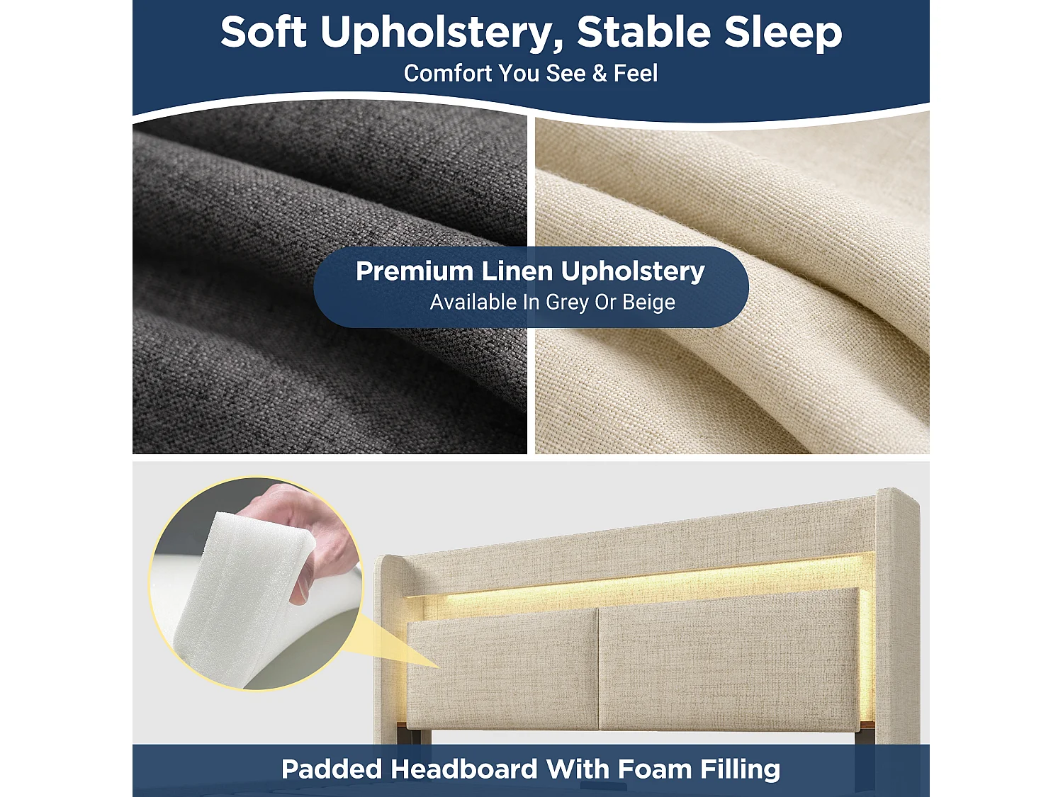 Letto contenitore per adulti 140x200 cm con LED, porte USB e cassetto - Tessuto di lino beige