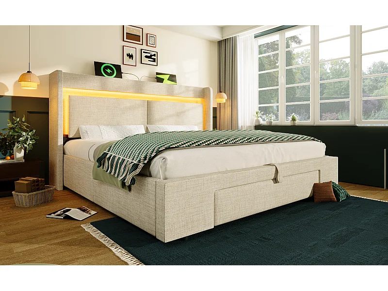 Cama canapé para adultos 140x200 cm con LED, puertos USB y cajón - Tejido de lino beige