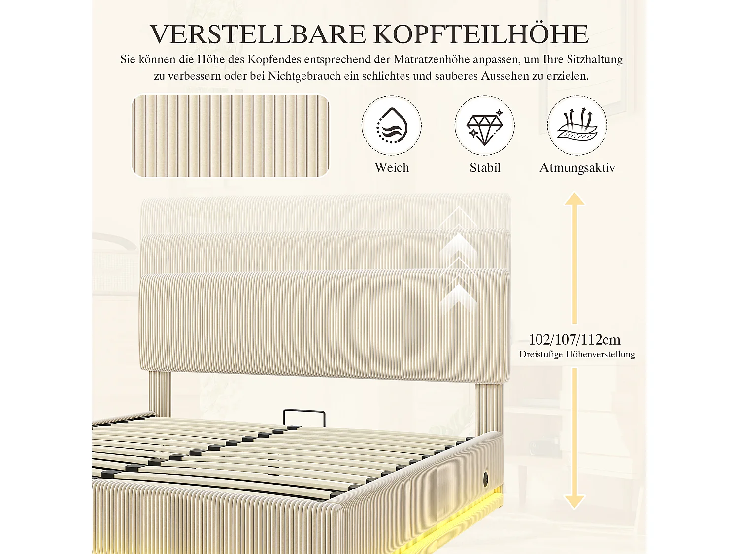 Letto contenitore per adulti 140x200 cm con testiera regolabile, illuminazione LED e porte USB - Velluto a coste beige