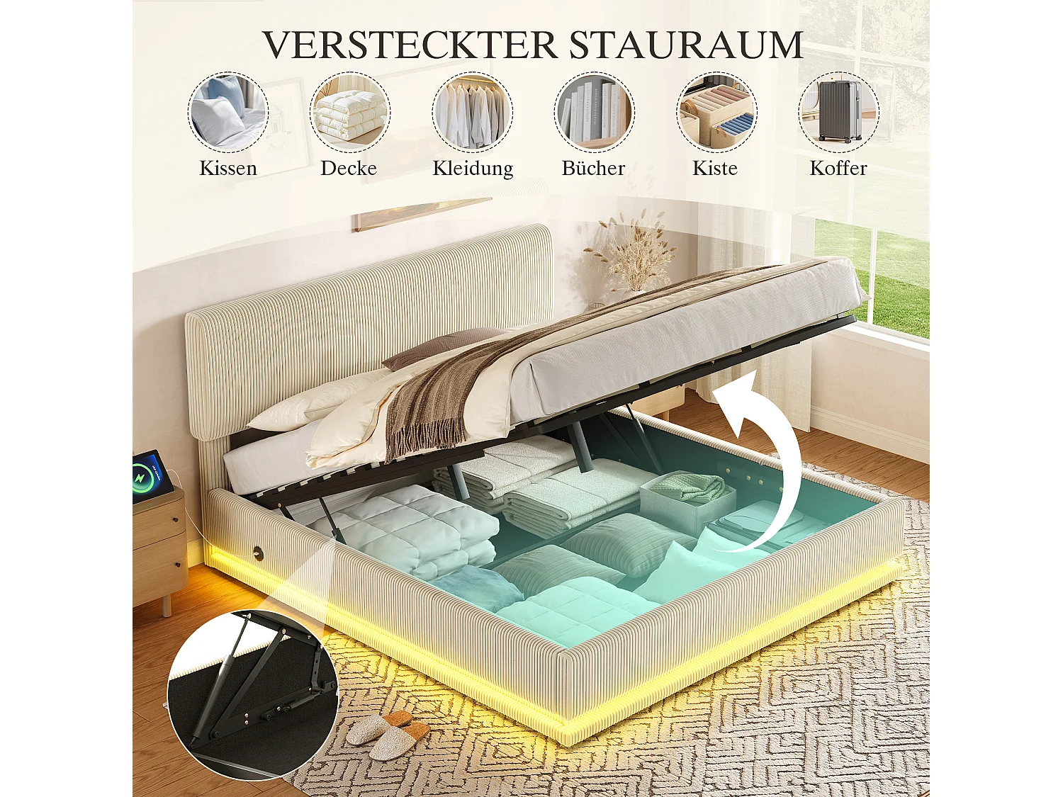 Letto contenitore per adulti 140x200 cm con testiera regolabile, illuminazione LED e porte USB - Velluto a coste beige