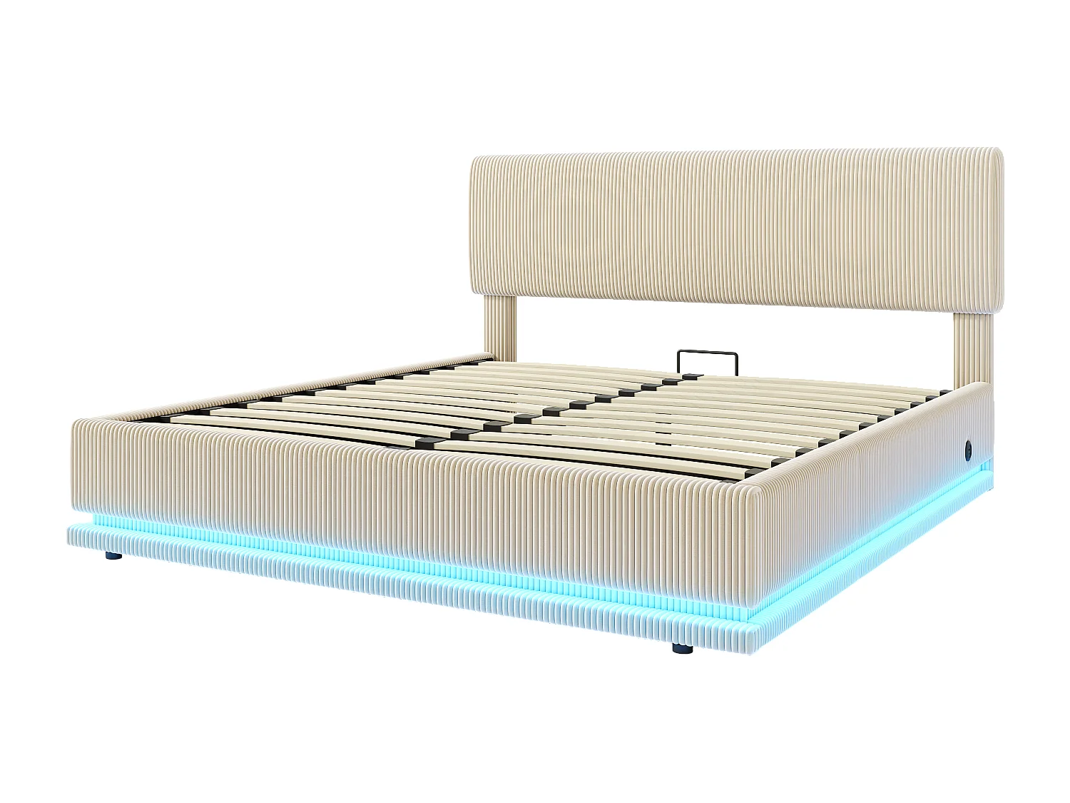 Letto contenitore per adulti 140x200 cm con testiera regolabile, illuminazione LED e porte USB - Velluto a coste beige
