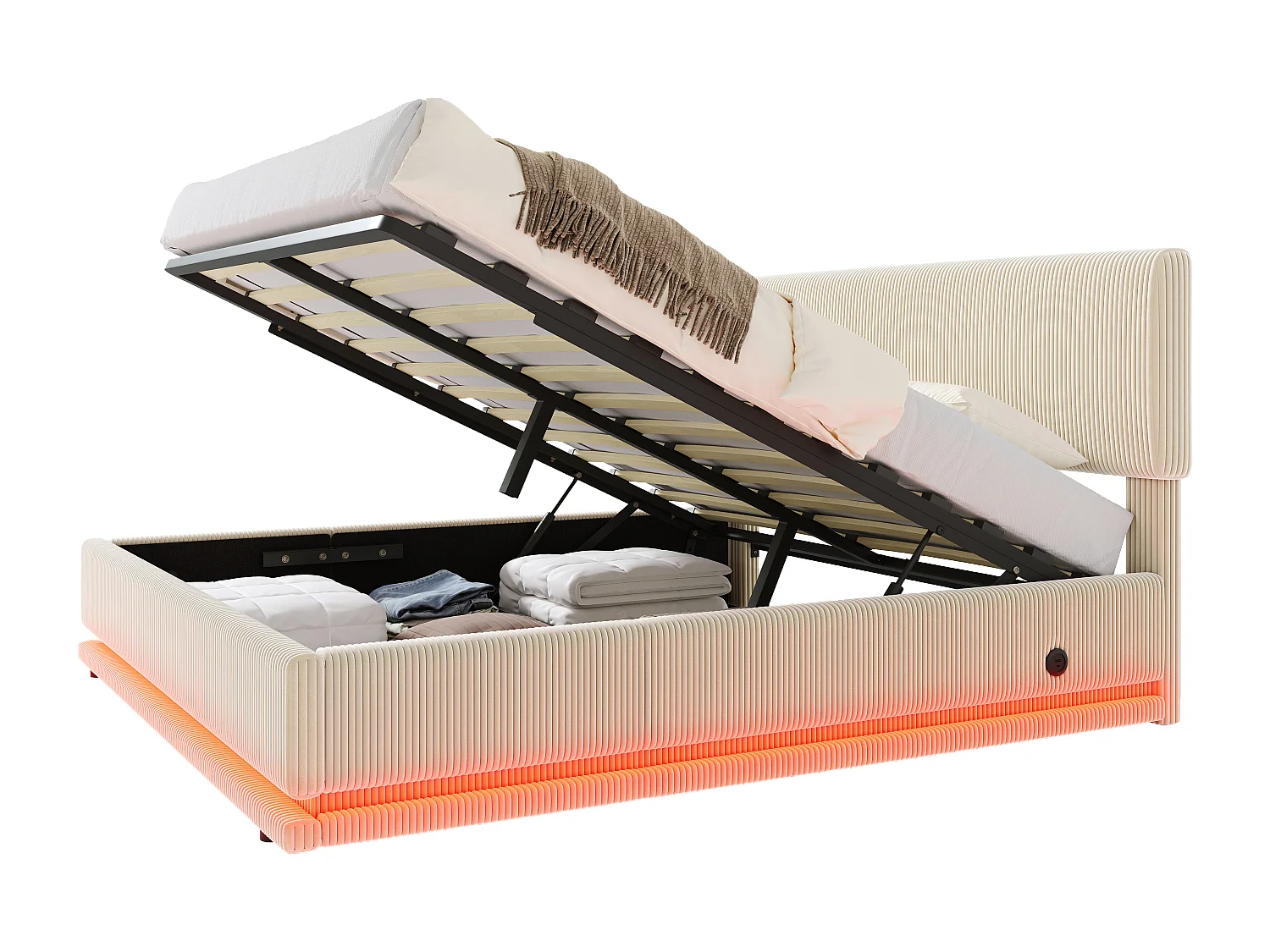 Letto contenitore per adulti 140x200 cm con testiera regolabile, illuminazione LED e porte USB - Velluto a coste beige