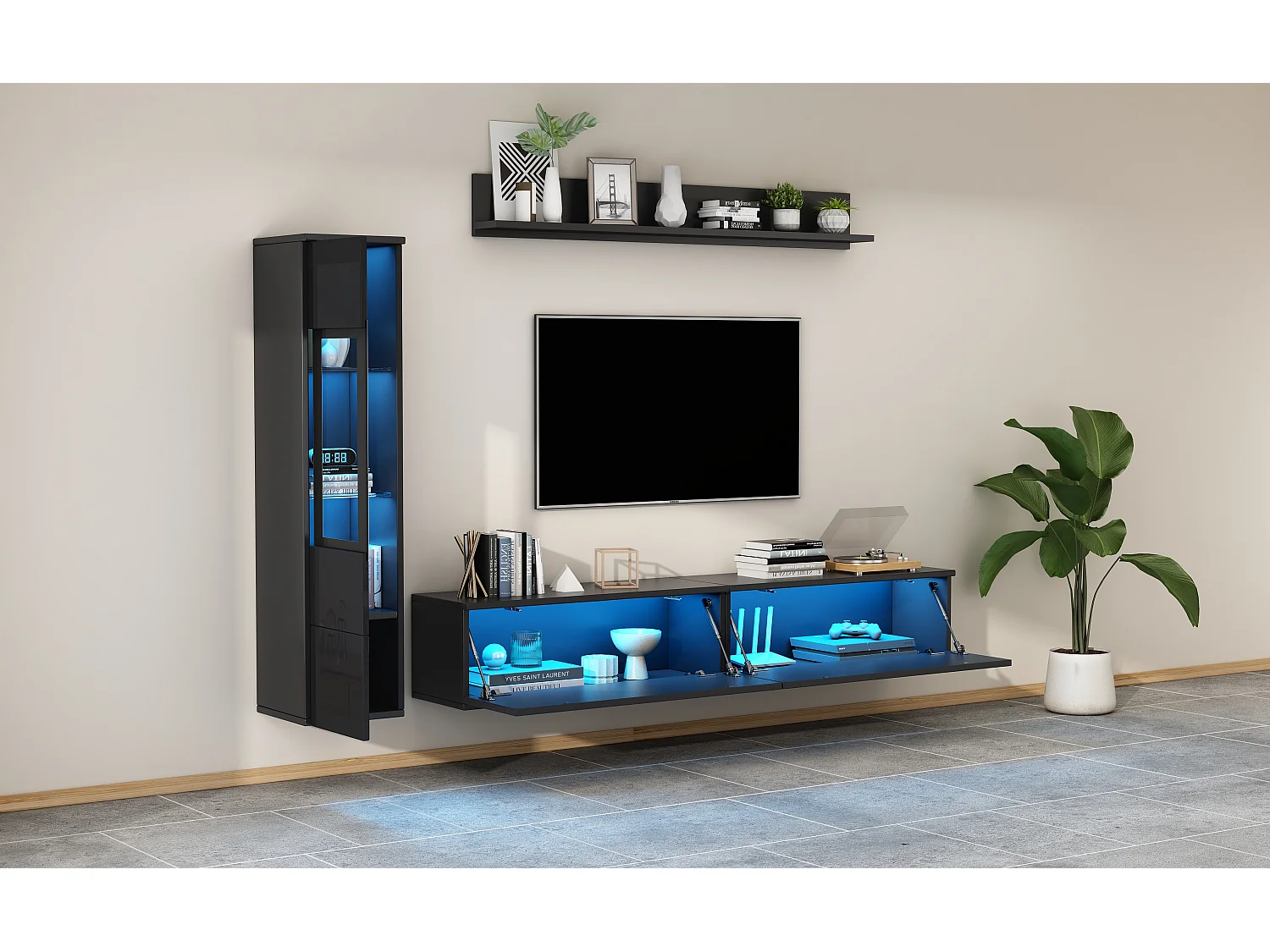 Conjunto de 3 piezas para TV de pared: Mueble de TV + Vitrina + Estante - Negro
