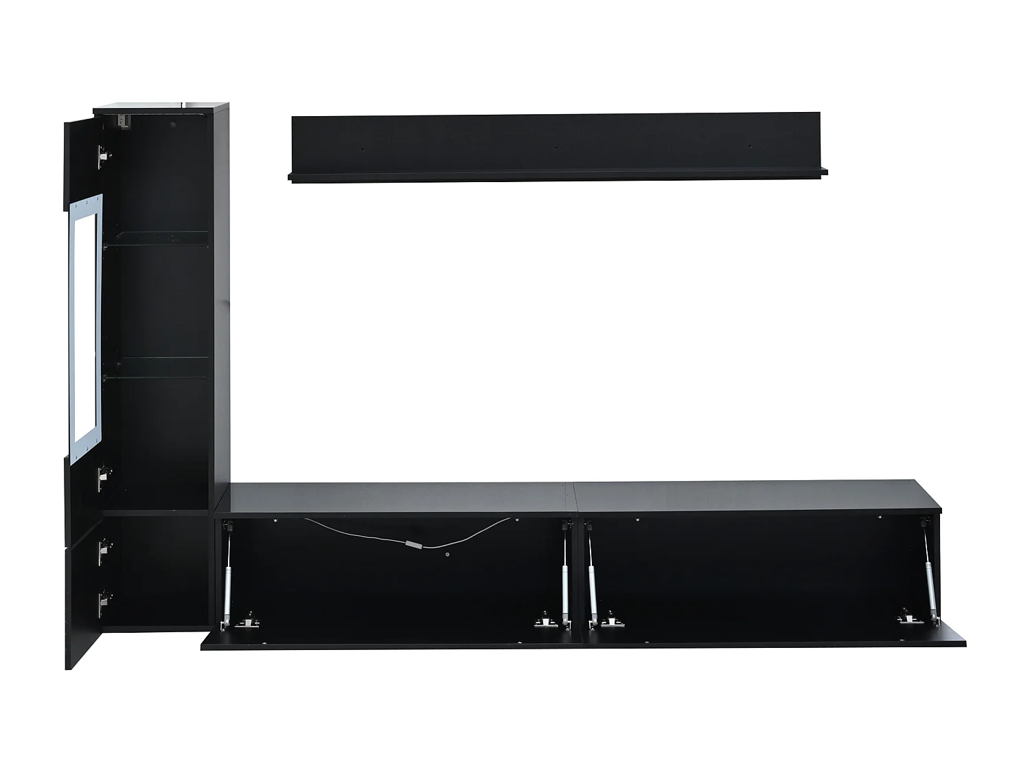 Conjunto de 3 piezas para TV de pared: Mueble de TV + Vitrina + Estante - Negro