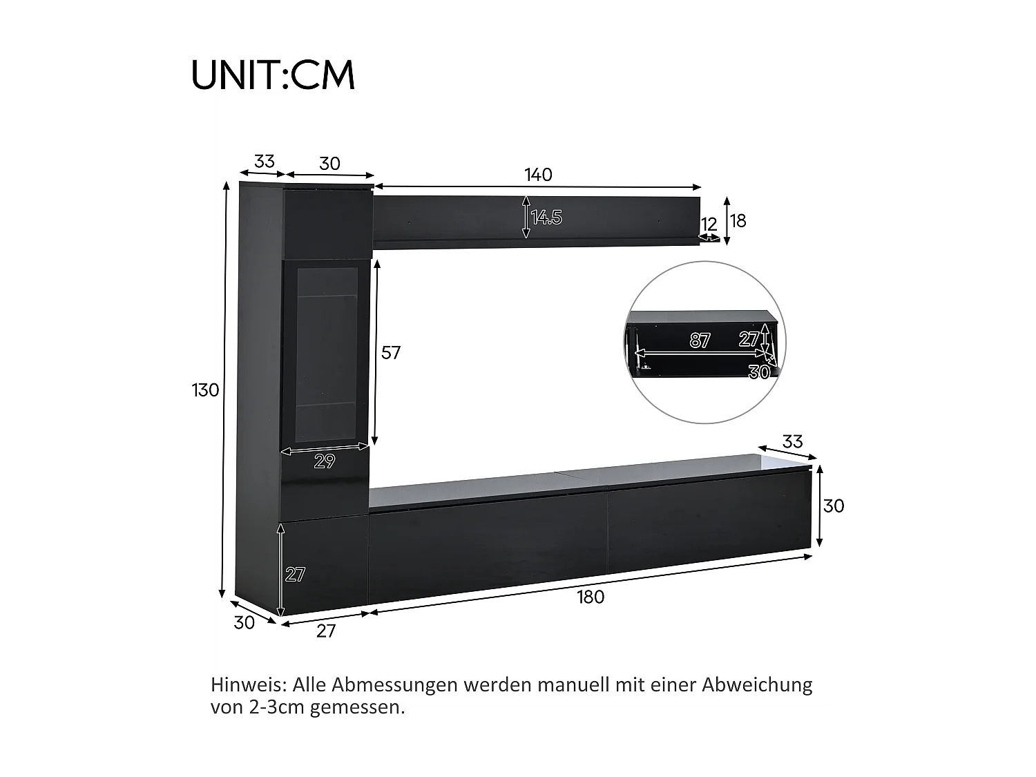 Conjunto de 3 piezas para TV de pared: Mueble de TV + Vitrina + Estante - Negro
