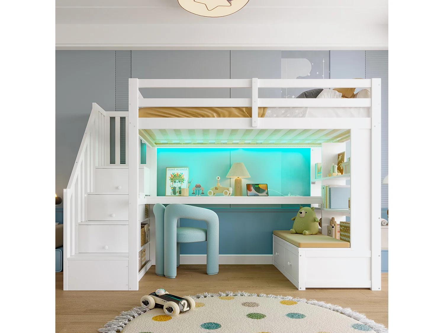 Letto a soppalco 90x200cm con illuminazione a LED, scrivania, ripiani e 2 cassetti, scala portaoggetti - Bianco