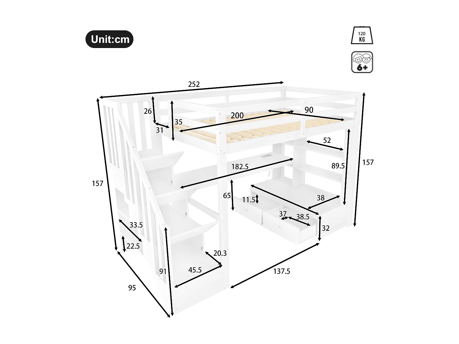Letto a soppalco 90x200cm con illuminazione a LED, scrivania, ripiani e 2 cassetti, scala portaoggetti - Bianco