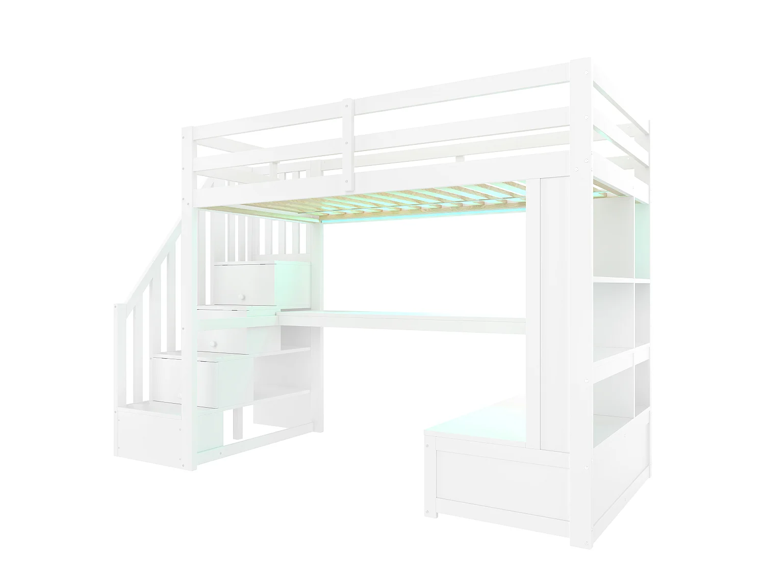 Letto a soppalco 90x200cm con illuminazione a LED, scrivania, ripiani e 2 cassetti, scala portaoggetti - Bianco
