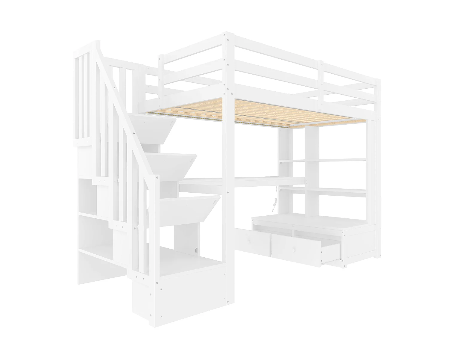 Letto a soppalco 90x200cm con illuminazione a LED, scrivania, ripiani e 2 cassetti, scala portaoggetti - Bianco