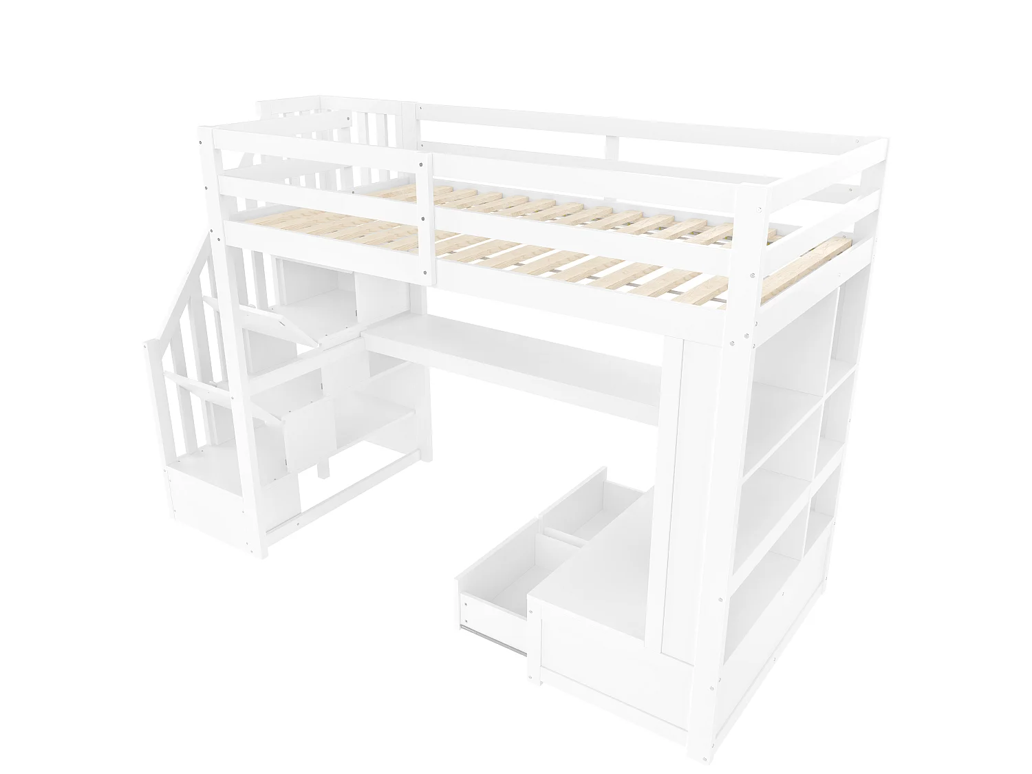Letto a soppalco 90x200cm con illuminazione a LED, scrivania, ripiani e 2 cassetti, scala portaoggetti - Bianco