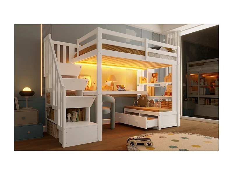 Letto a soppalco 90x200cm con illuminazione a LED, scrivania, ripiani e 2 cassetti, scala portaoggetti - Bianco