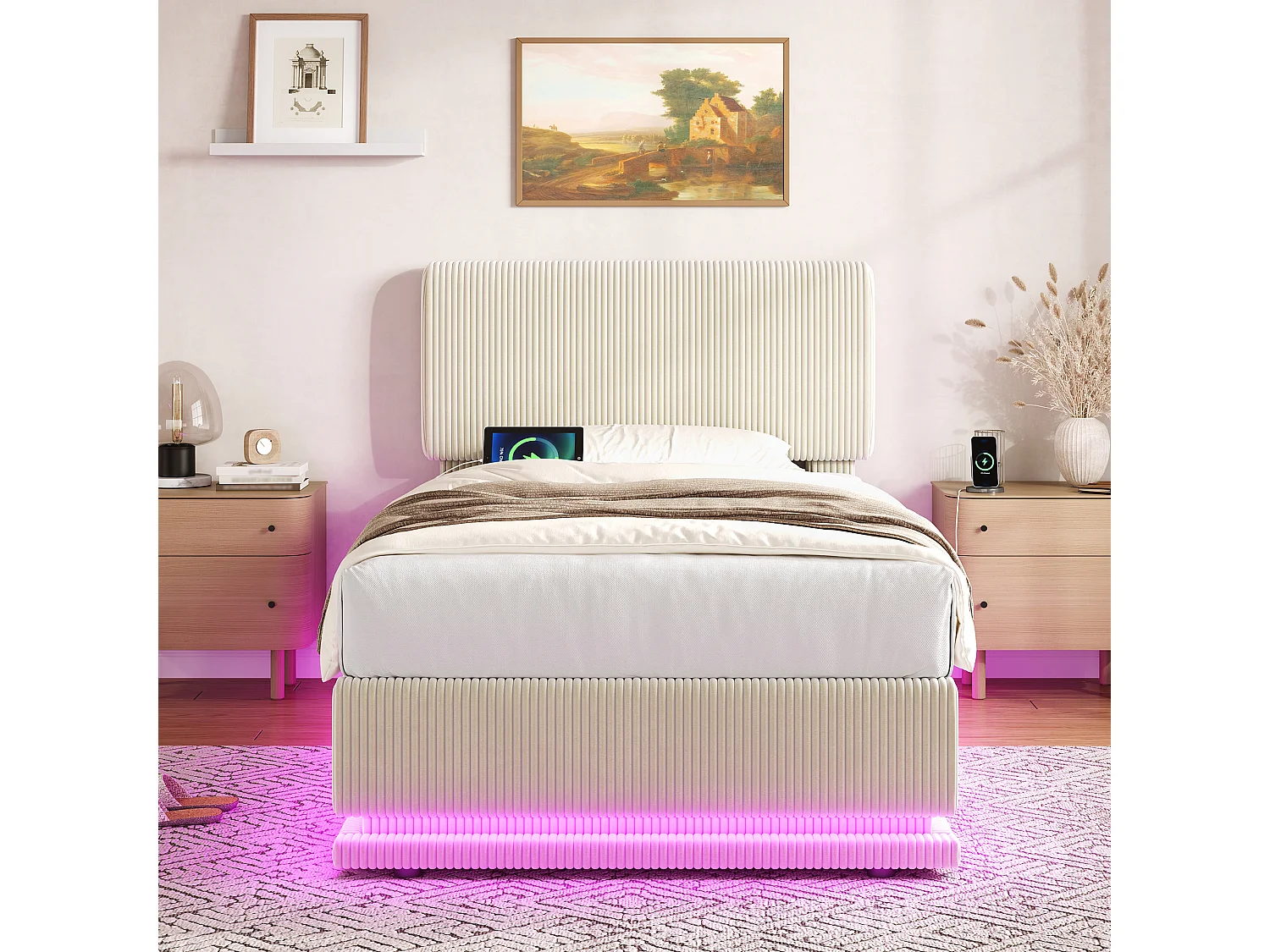 Cama infantil con canapé de 90x200 cm con LED y puertos USB - Pana beige
