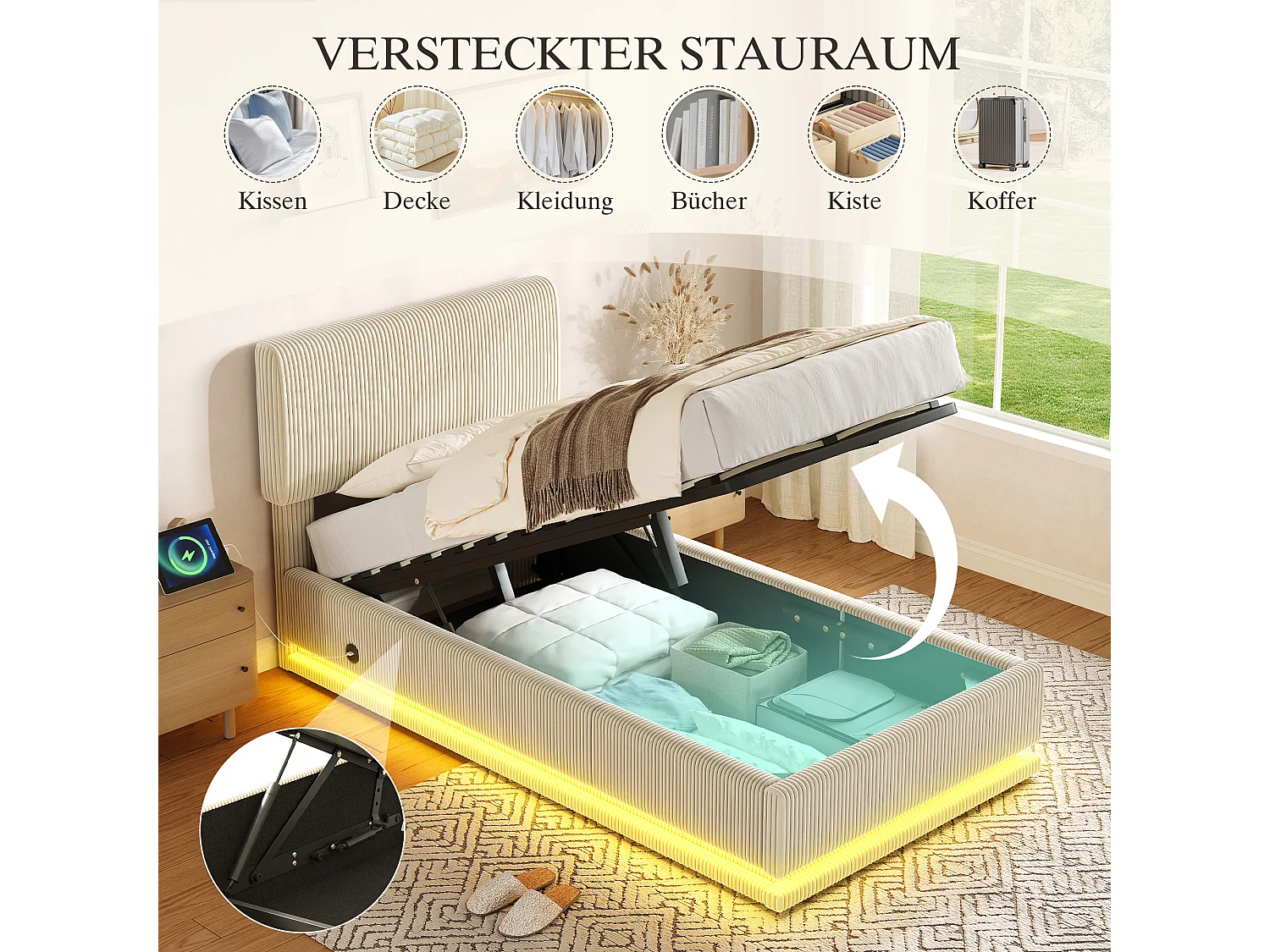 Cama infantil con canapé de 90x200 cm con LED y puertos USB - Pana beige