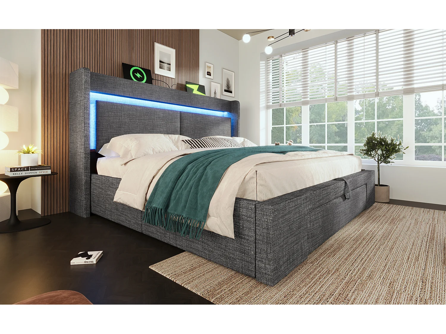 Letto matrimoniale 180x200 cm con contenitore in lino grigio - Letto per adulti con LED, porte USB e cassetto (materasso non incluso)